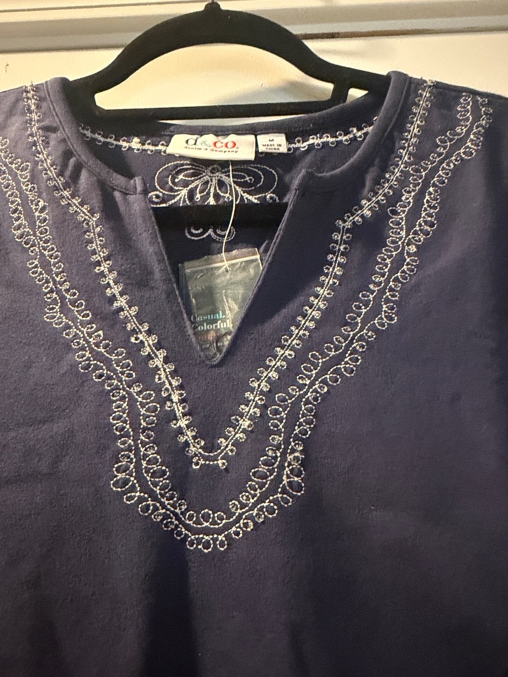 d.co Navy Embroidered V-Neck Women's Caftan Tunic. - Picture 4 of 10
